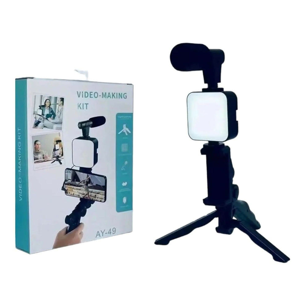 AY49 Video Making Kit, Vlogging Kit with Tripod, LED Light & Mic for