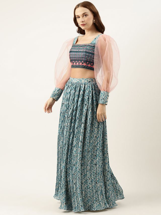 Bollywood Vogue Ready To Wear Cream N Blue Printed Chinon Skirt Set