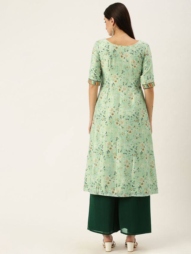 Bollywood Vogue Ready To Wear Green Muslin Printed Calf Length Kurta Set