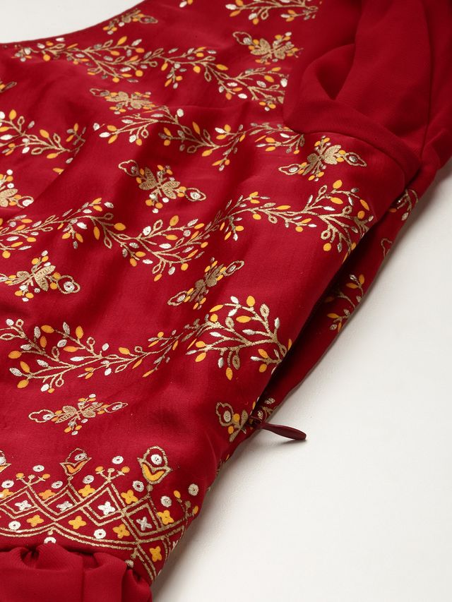 Bollywood Vogue Ready To Wear Maroon Art Silk N Geogette Flare Dress