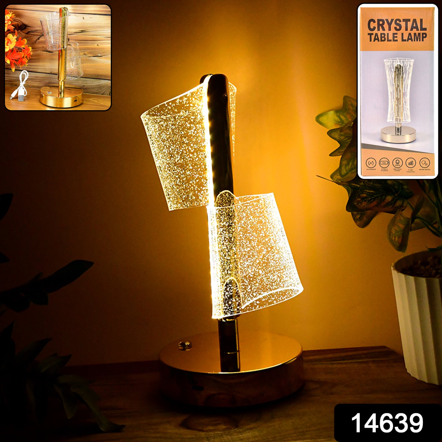 Modern Luxury Crystal LED Double Shade Table Lamp for Golden Base Decorative Lighting for Bedroom (1 Pc)