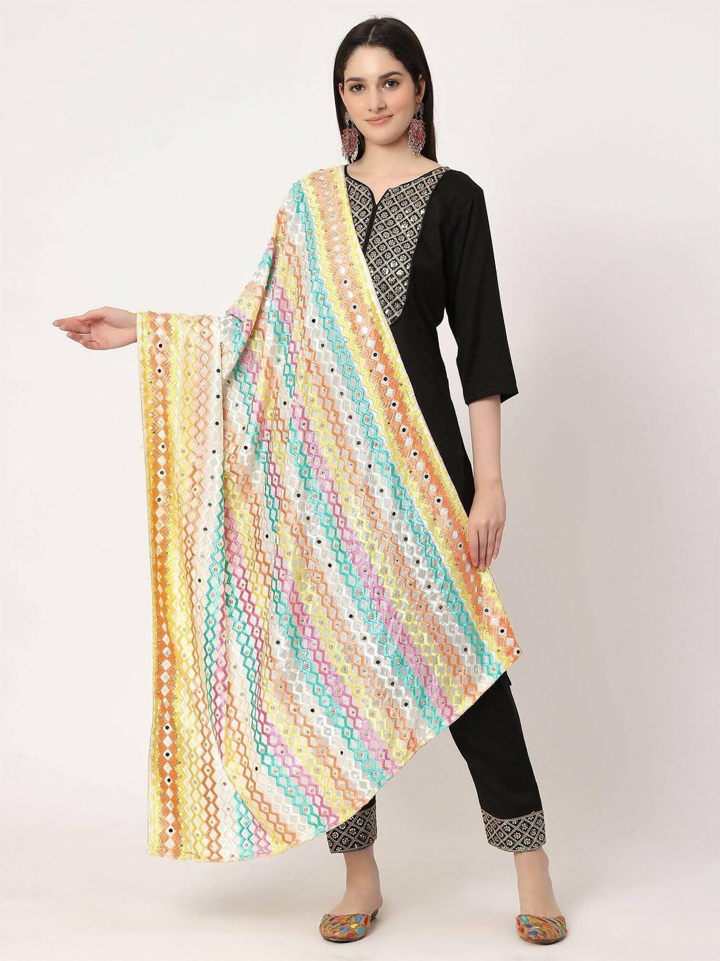 Off White Mullticolour Embroidery Phulkari Dupatta with Beads and Pearl - HalfPe