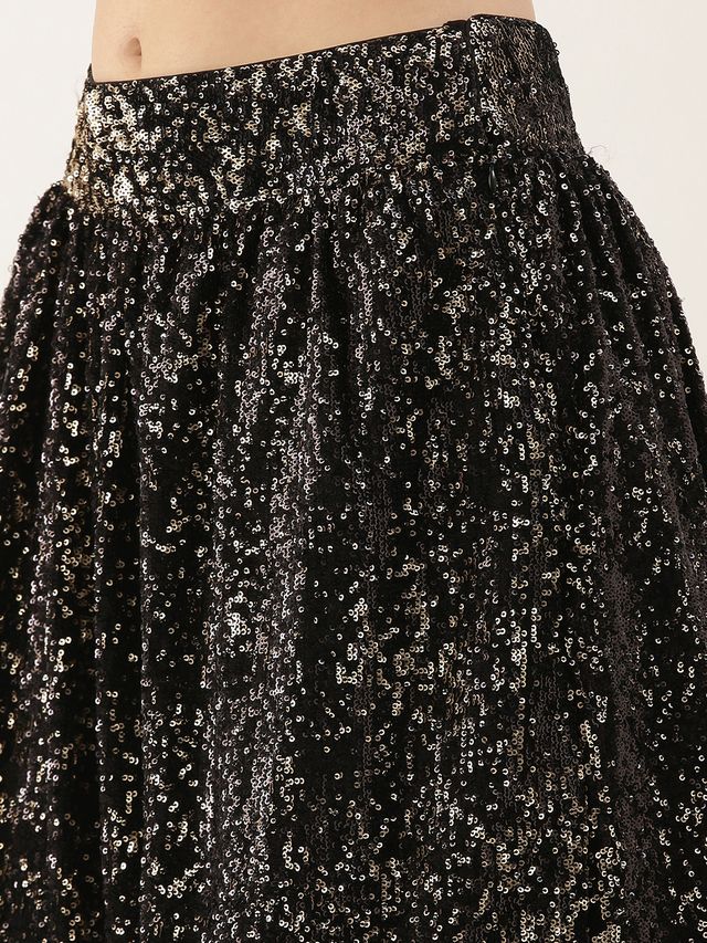 Bollywood Vogue Ready To Wear Black Sequins Embroidered Crop Top N Skirt