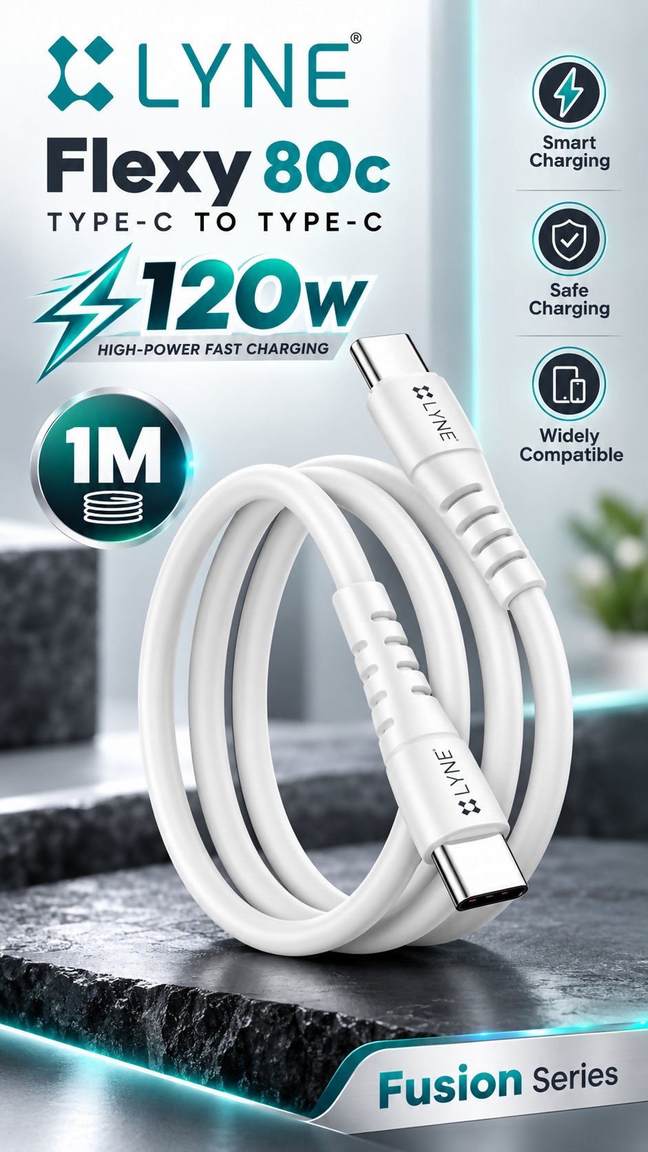 LYNE Flexy 80C Fusion Series 120W Type-C to Type-C Data Cable – 1 Metre, White