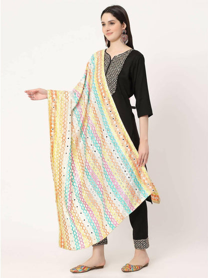 Off White Mullticolour Embroidery Phulkari Dupatta with Beads and Pearl - HalfPe