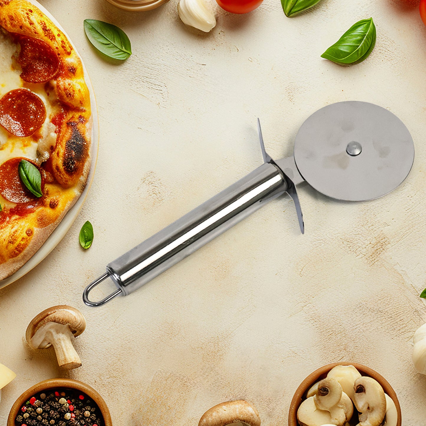 Premium Stainless Steel Pizza Cutter Wheel With Sharp Blade Comfortable Handle & Hanging Loop