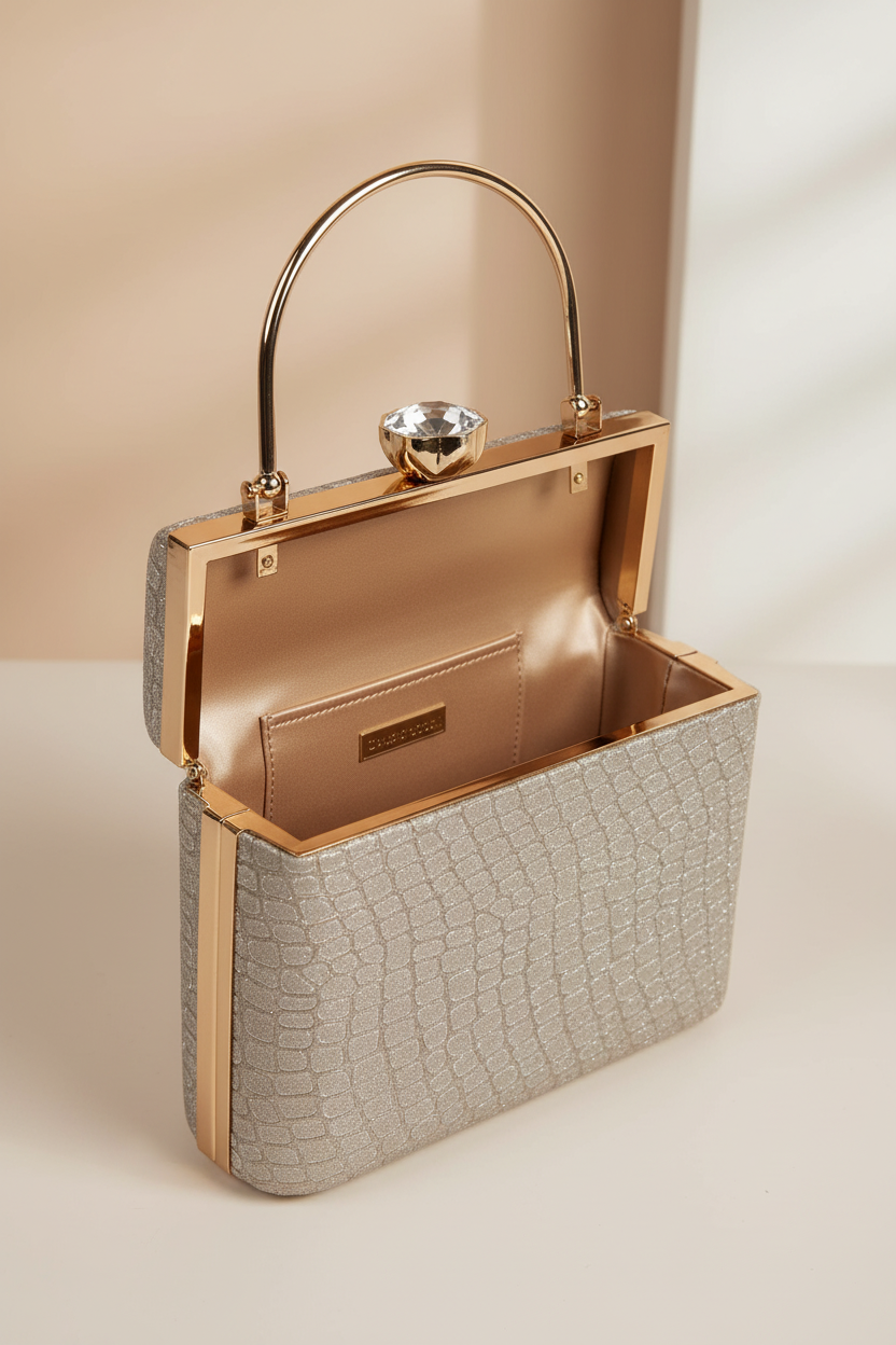 Elegant Silver Glitter Clutch – Luxe Croc-Texture Evening Bag with Gold Handle RAYORA ENTERPRISE