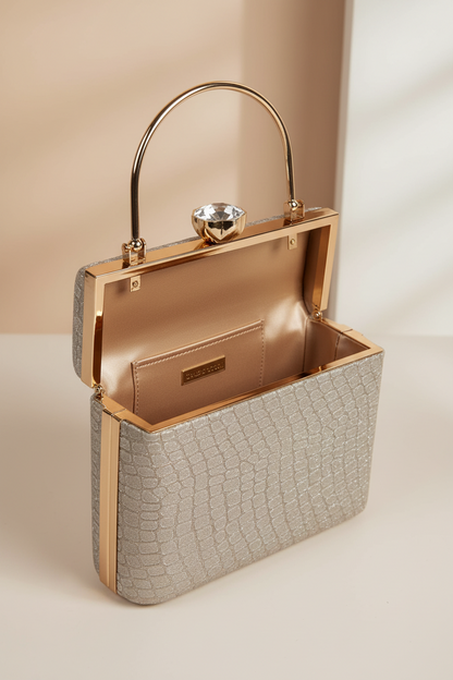 Elegant Silver Glitter Clutch – Luxe Croc-Texture Evening Bag with Gold Handle RAYORA ENTERPRISE