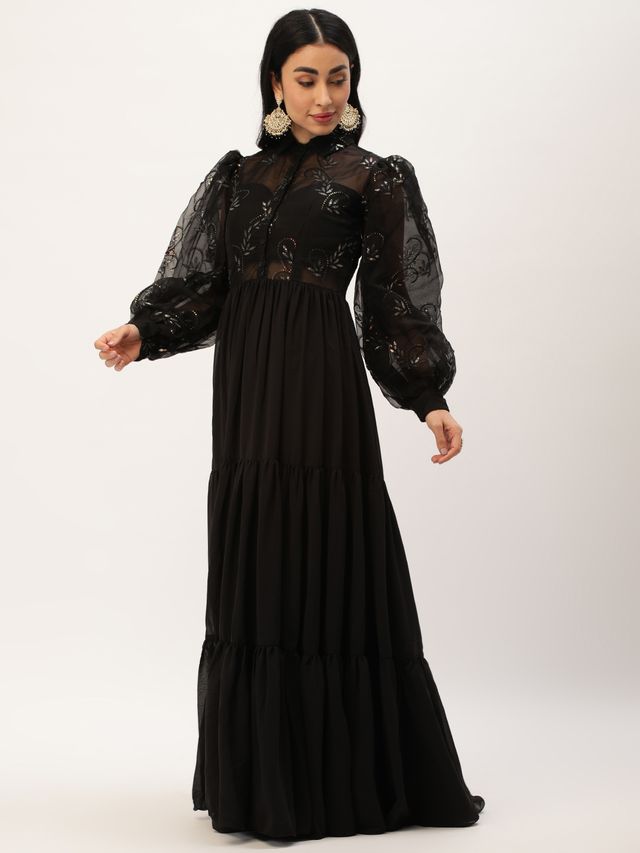 Bollywood Vogue Ready To Wear Black Embroidered Organza Tiered Style Gown