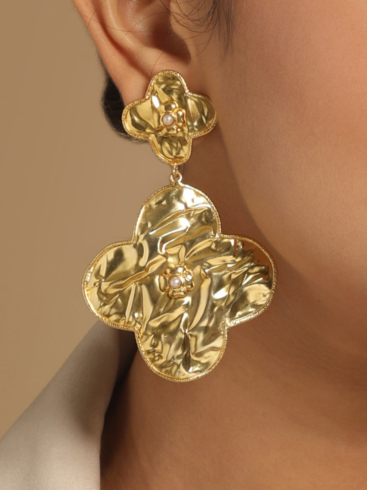 18k Gold-Plated Contemporary Molten Metallic Floral Dangler Earrings