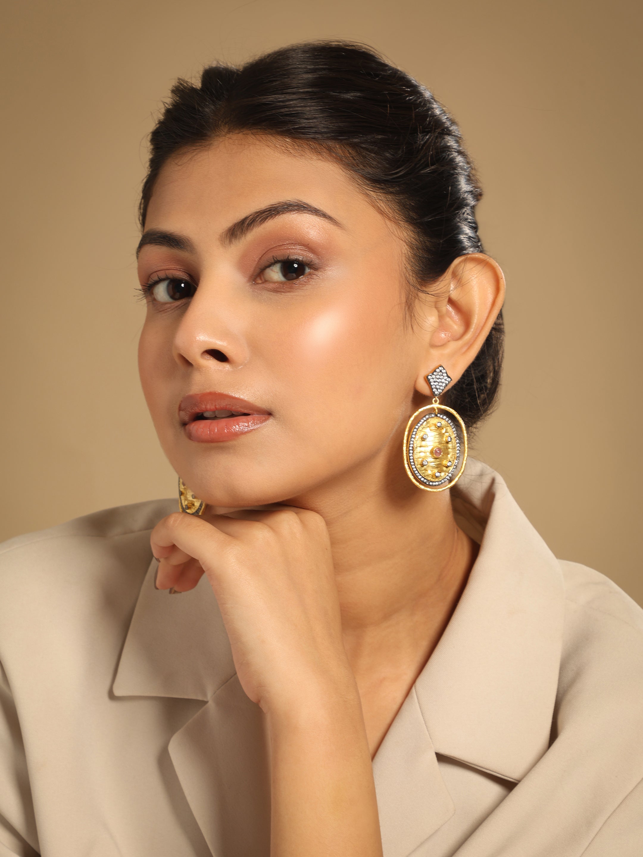 18k Gold-Plated Zircon Studded Statement Dangler Earrings