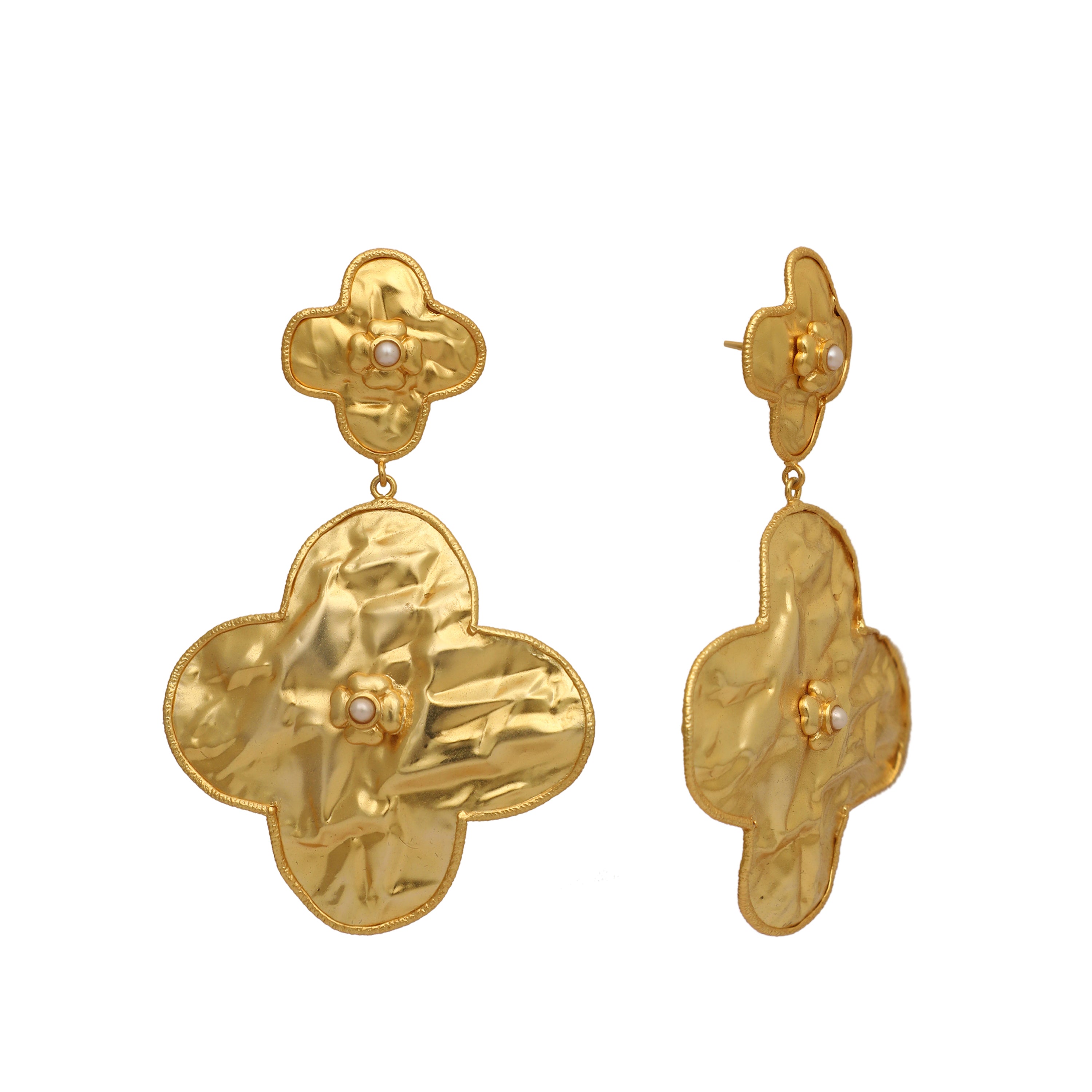 18k Gold-Plated Contemporary Molten Metallic Floral Dangler Earrings