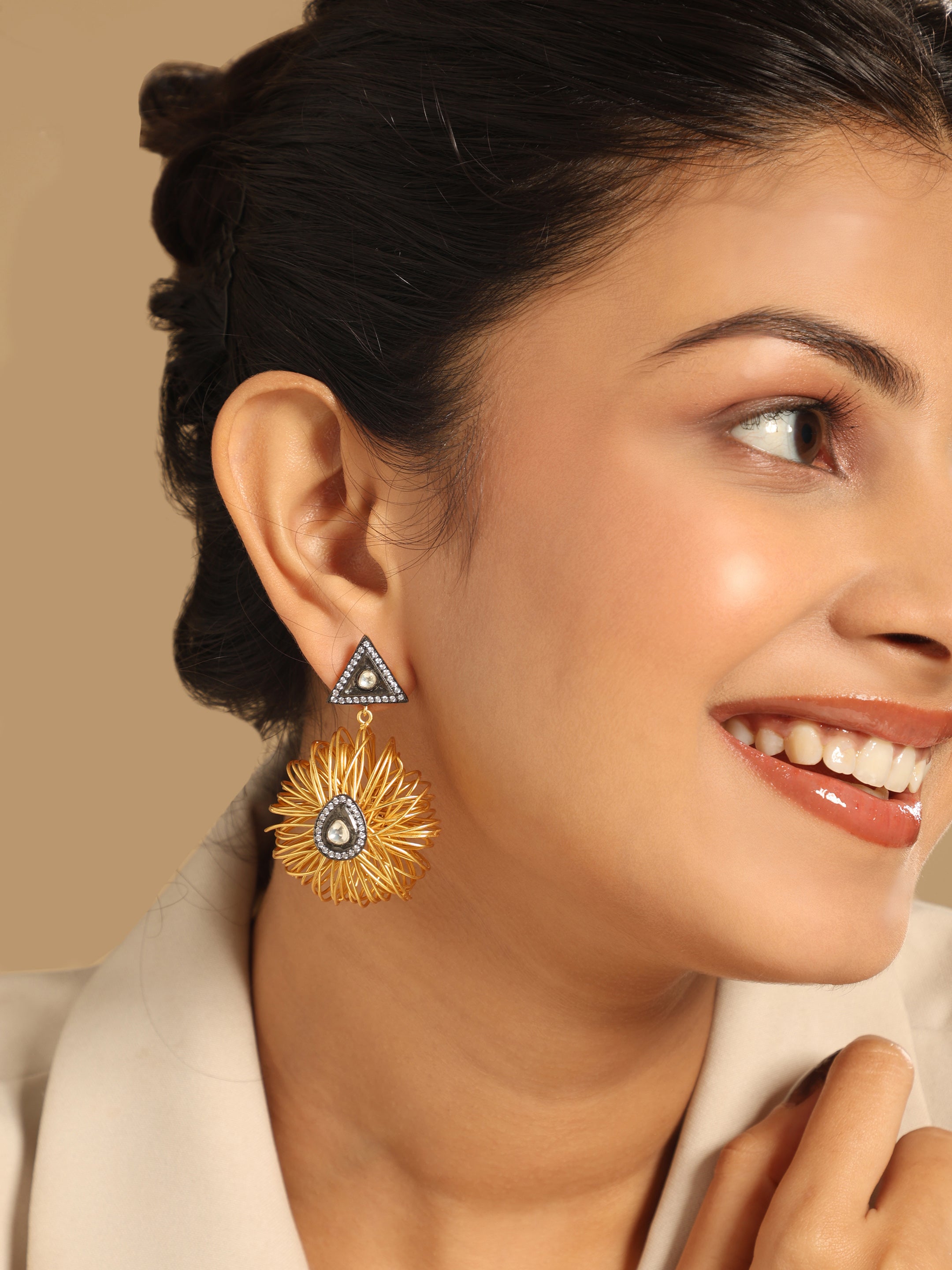 18K Gold-Plated Zircon Studded Contemporary Wire Motif Danglers