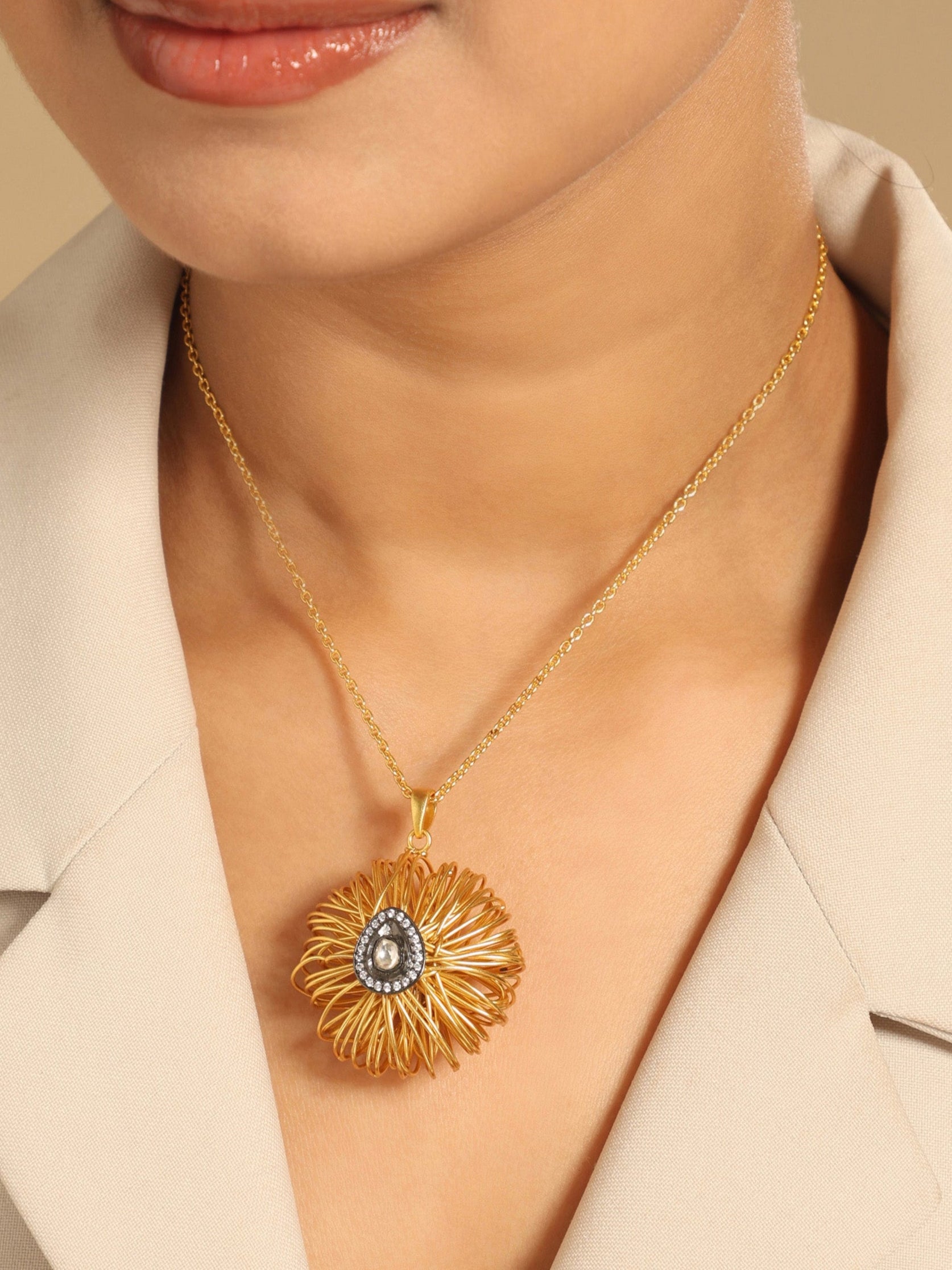 18k Gold-Plated Crystal Studded Chain Pendant Necklace