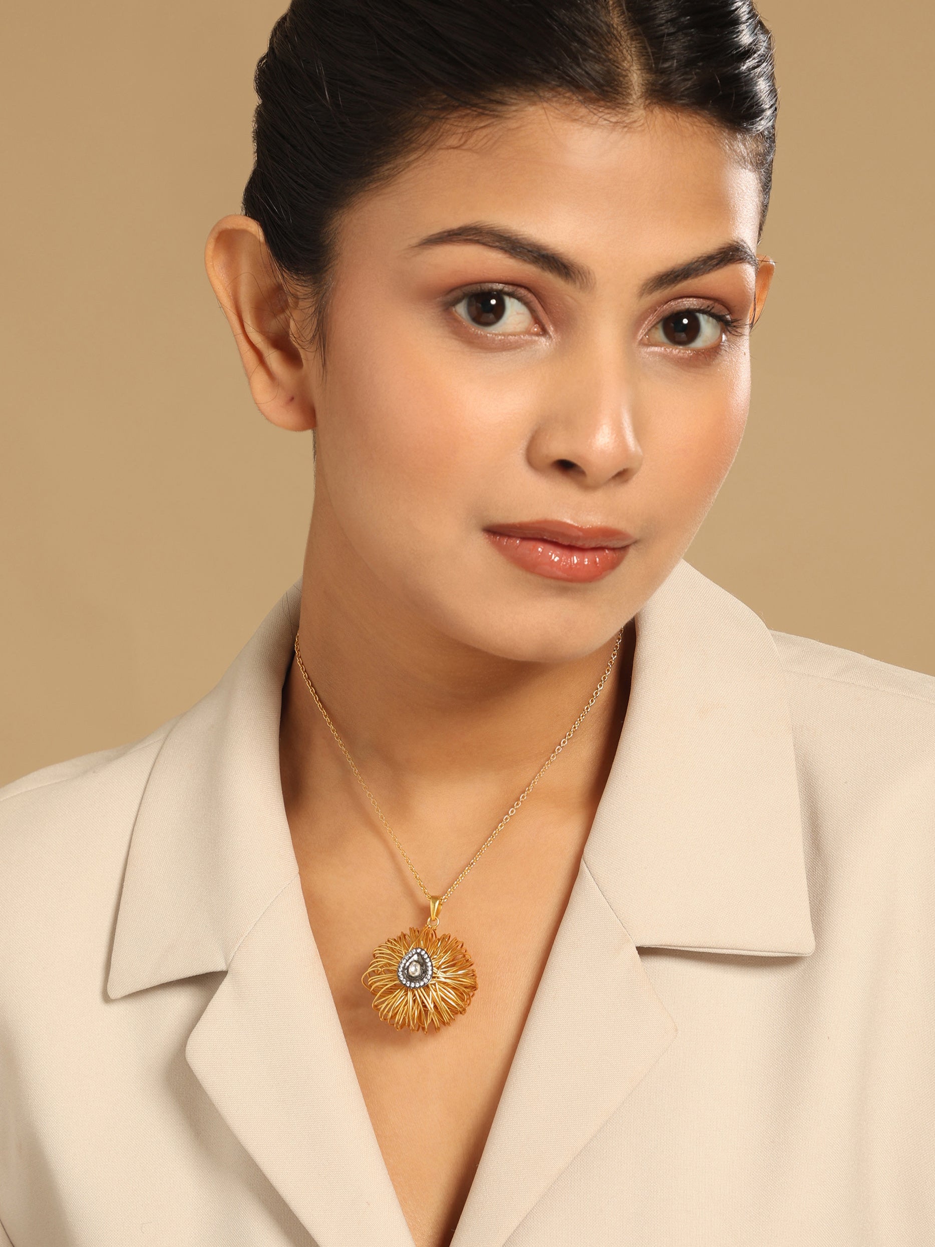 18k Gold-Plated Crystal Studded Chain Pendant Necklace