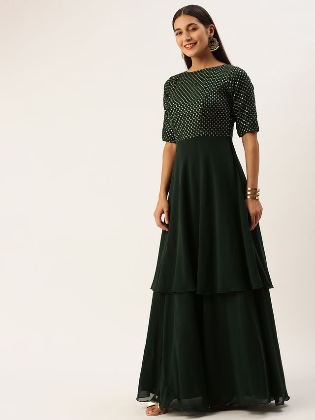 Bollywood Vogue Ready To Wear Green Georgette Embroidered Layered Gown