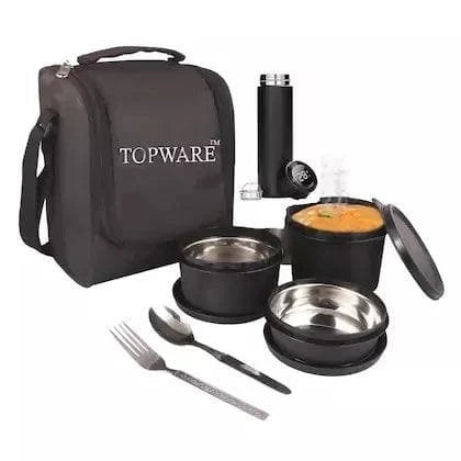 TOPWARE Lunch Box with Temperature Bottle (Black 3 Stainless Steel Containers) - HalfPe