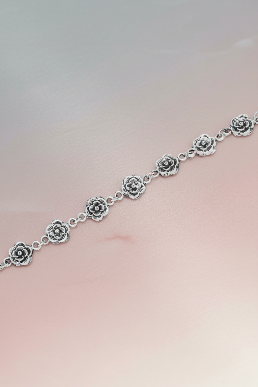 Oxidized Silver Floral Hook Bracelet for Women and Girls (Black, Free, 1) SUPER