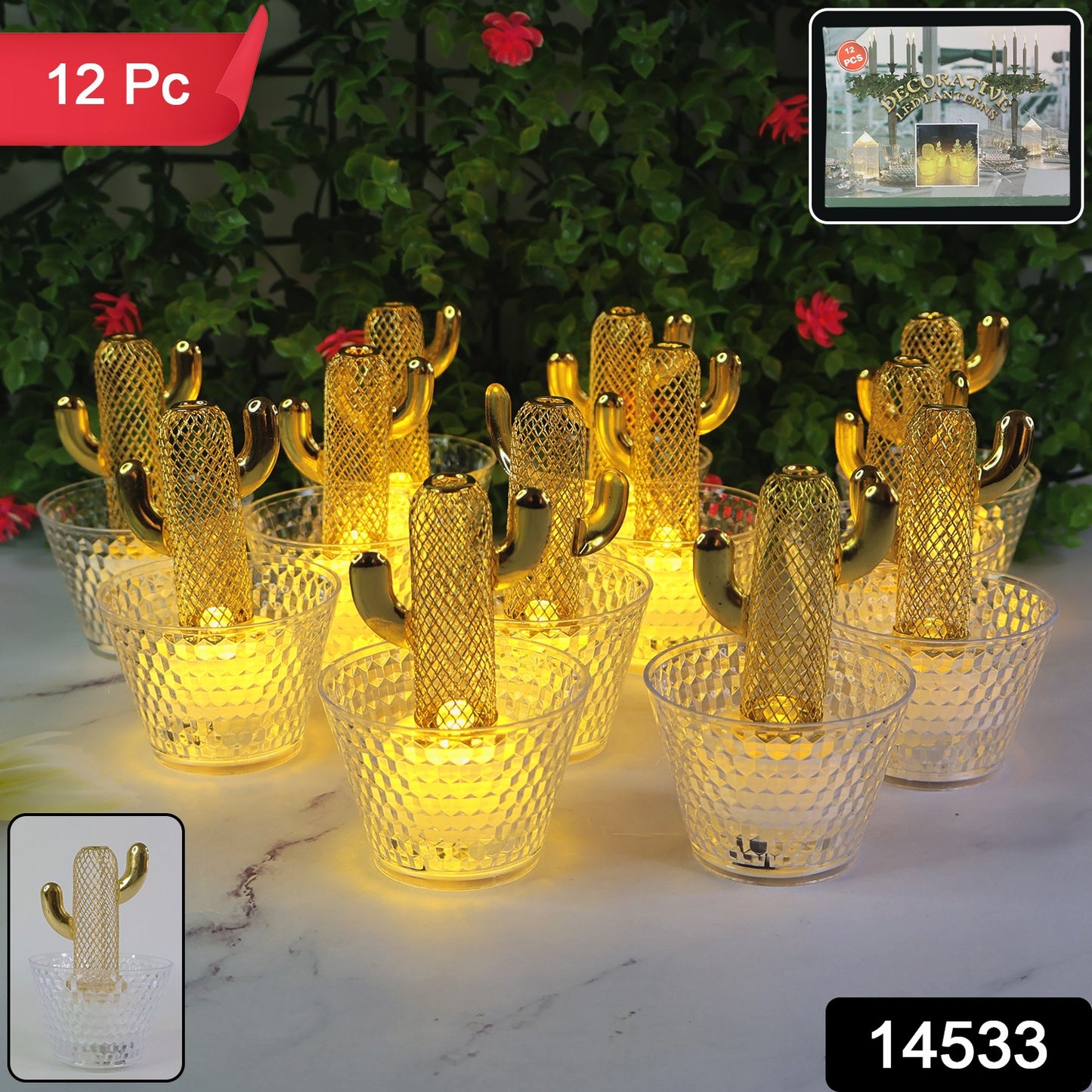 Decorative Cactus Shape LED Tealight Candles with Transparent Cup Holders (12 Pc)