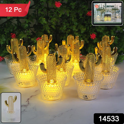 Decorative Cactus Shape LED Tealight Candles with Transparent Cup Holders (12 Pc)