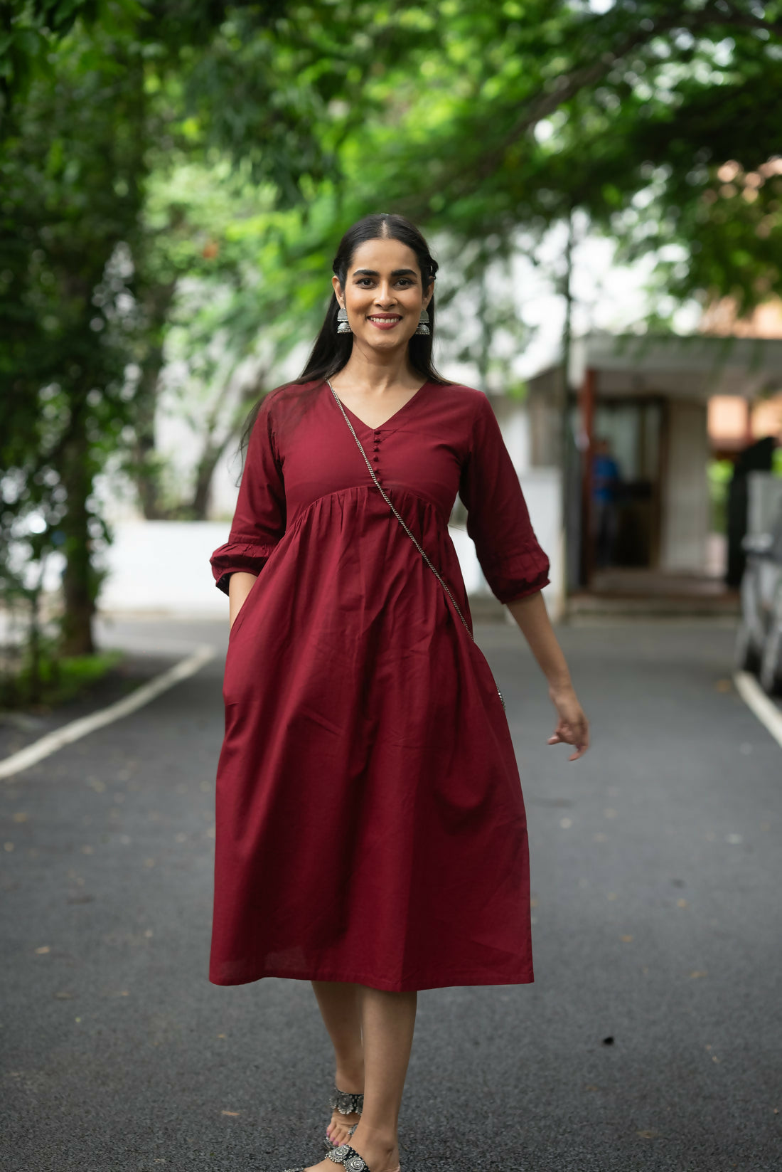 Scarlett Jewel Toned Solid Cotton Midi Dress With Three Quarter Sleeves And Elegant Silhouette Studio Sienna