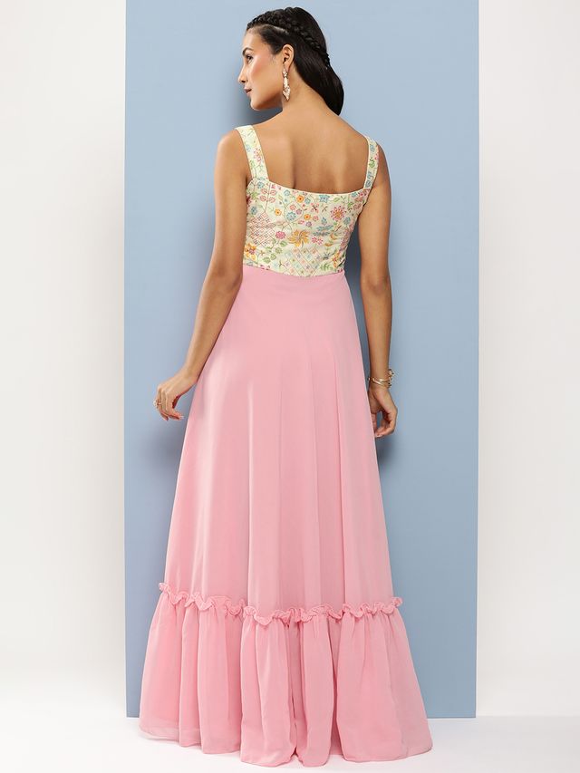 Bollywood Vogue Ready To Wear Off White N Pink Georgette Gown