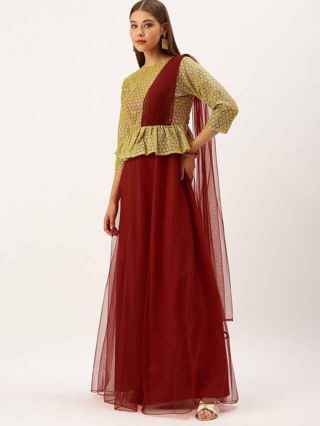 Bollywood Vogue Ready To Wear Gold N Red Embroidered Net Layered Gown