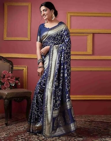 AXONIT Soft Silk Saree with Golden Zari Floral & Peacock Weaving