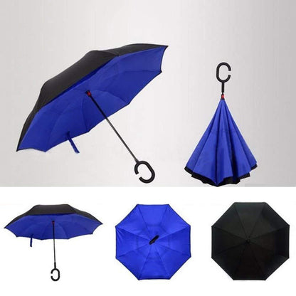 Plain Design Windproof Upside Down Reverse Umbrella With C-shaped Handle