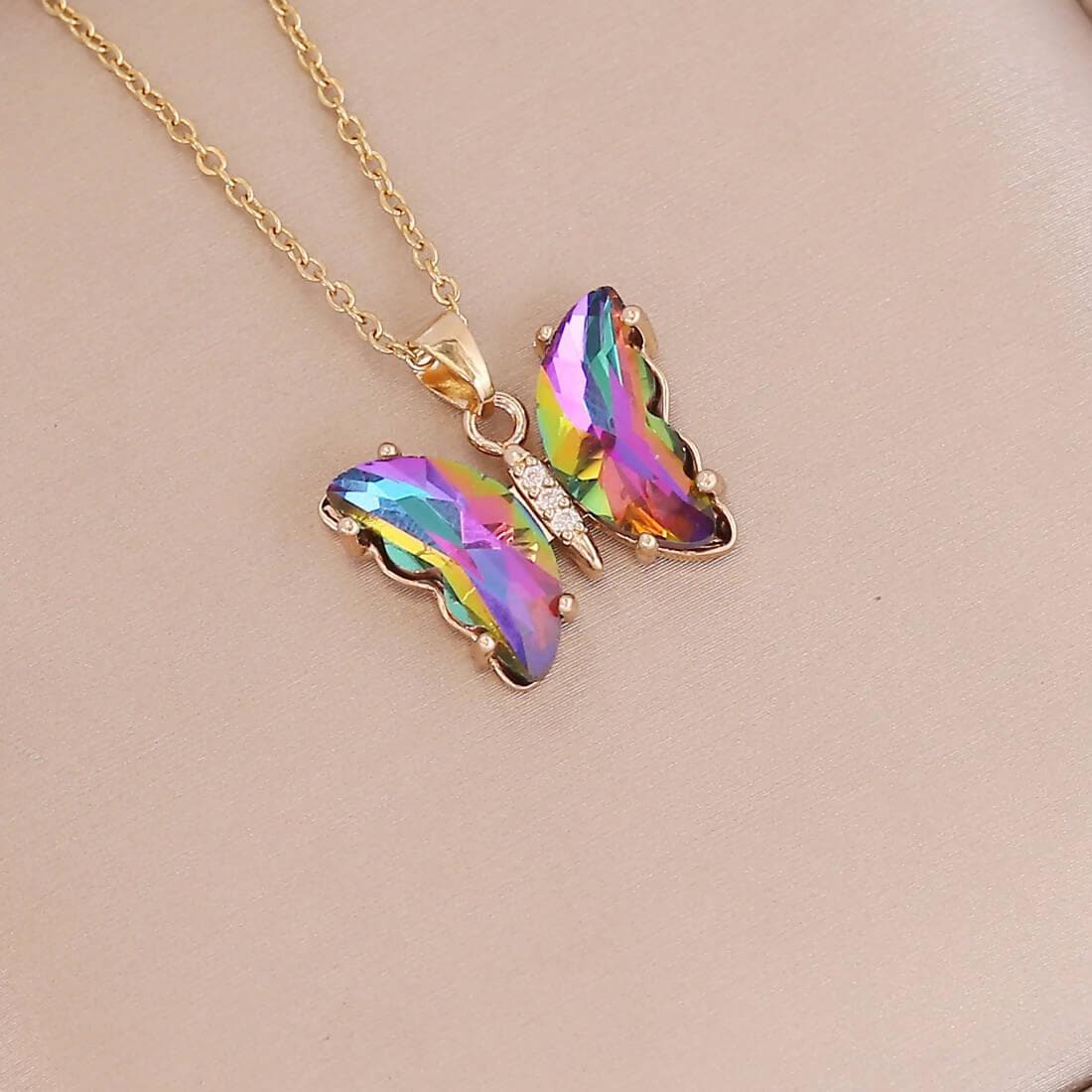 Pinapes Butterfly Shape Solitaire Crystal Pendant Necklace With Extendable Chain For Women And Girls (Multi-colour)