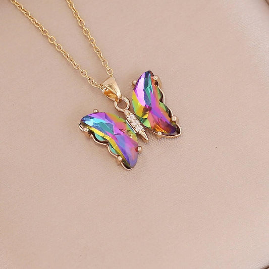 Pinapes Butterfly Shape Solitaire Crystal Pendant Necklace With Extendable Chain For Women And Girls (Multi-colour)