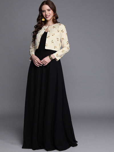 Bollywood Vogue Ready To Wear Off White N Black Embroidered Jacket Style Gown