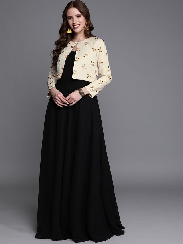 Bollywood Vogue Ready To Wear Off White N Black Embroidered Jacket Style Gown