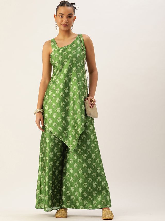 Bollywood Vogue Ready To Wear Green Art Silk Digital Printed Co Ords Set