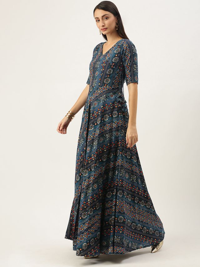 Bollywood Vogue Ready To Wear Dark Blue Printed Angarkha Gown