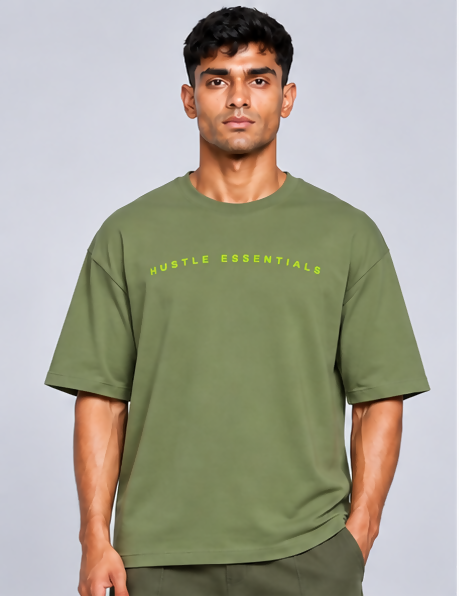 HUSTLE Essentials Men's Crew Neck Oversized T-Shirt – Olive Green(Oversized fit)