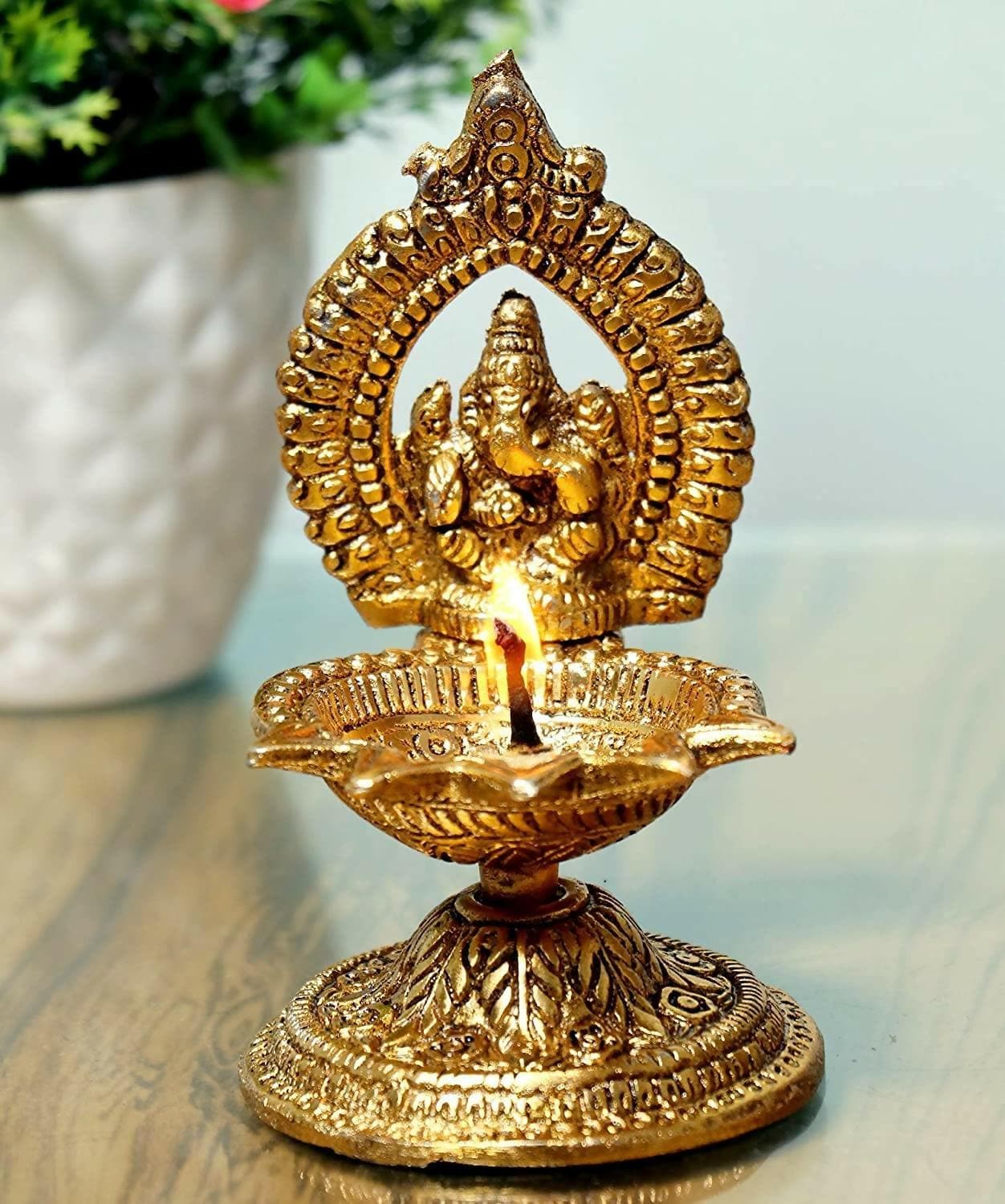 Metal Ganesha Diya Oil/Ghee Lamp Hand Craved Diya for Puja - HalfPe