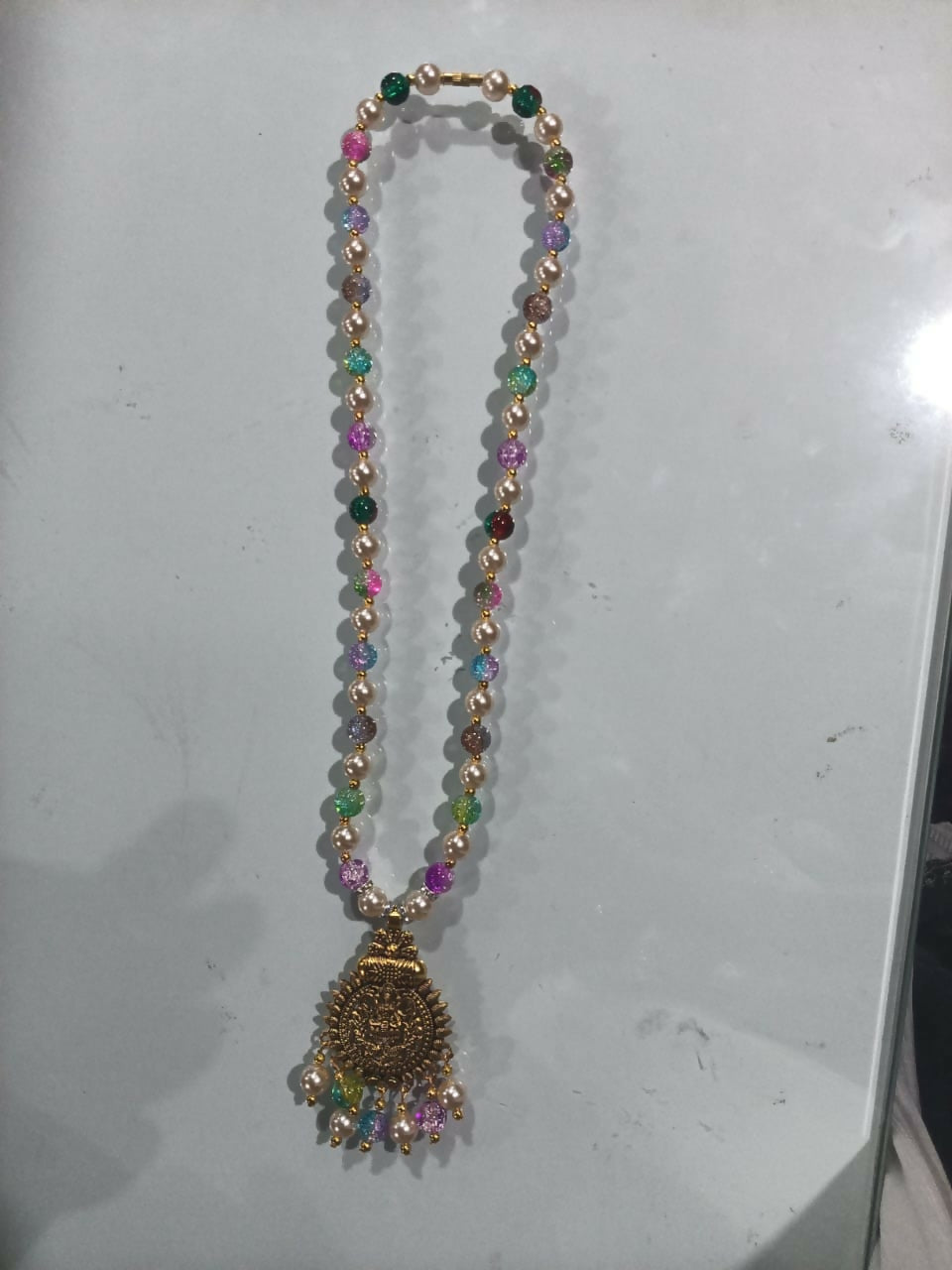 Multicolor Glass Beaded Necklace with Gold Pendant