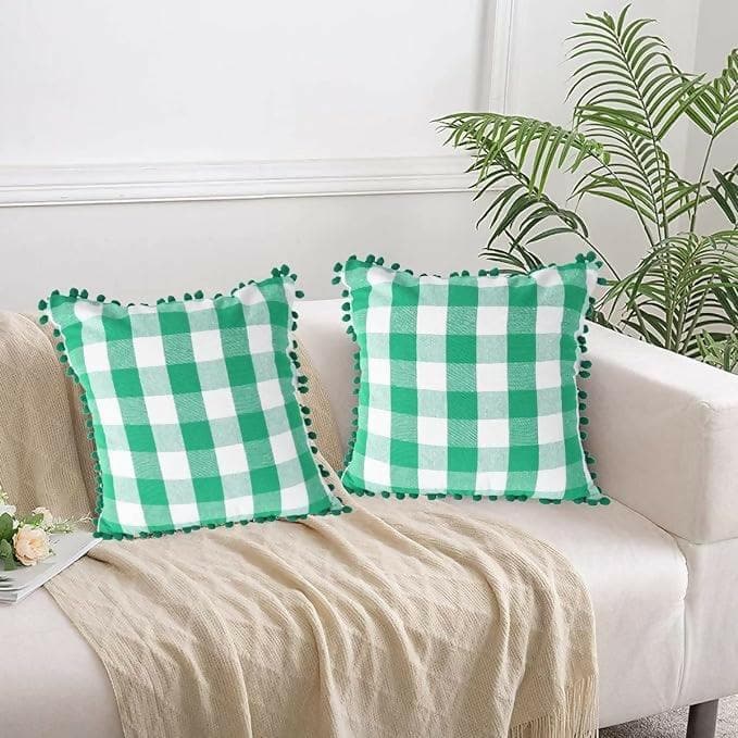 Lushomes Square Cushion Cover with Pom Pom, Cotton Sofa Pillow Cover Set of 2, 24x24 Inch, Big Checks, 60x60 cm, Multi-color) - HalfPe