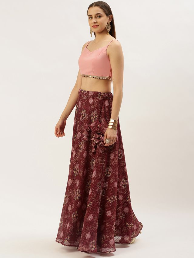 Bollywood Vogue Ready To Wear Wine Georgette Printed Cape Lehenga Set