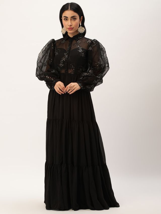 Bollywood Vogue Ready To Wear Black Embroidered Organza Tiered Style Gown