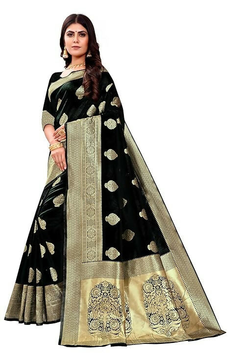 AXONIT Jacquard Silk Saree with Heavy Golden Zari Butta & Antique Gold Border