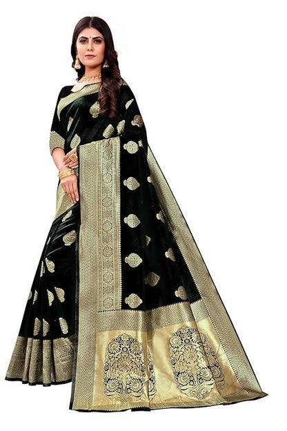AXONIT Jacquard Silk Saree with Heavy Golden Zari Butta & Antique Gold Border