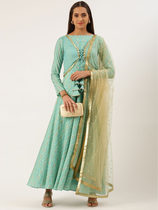 Bollywood Vogue Ready To Wear Blue Printed Jacket Anarkali Suit