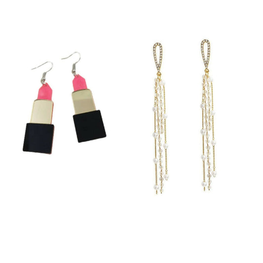 Playful and Chic: Lipstick and Pearl Drop Earrings Set of 2