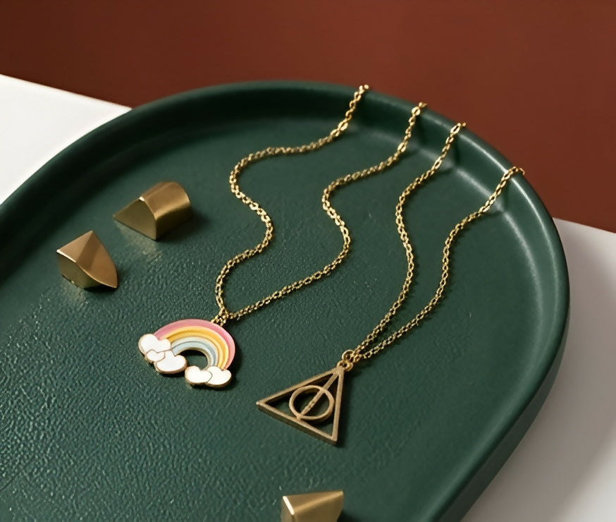 Set of 2 Rainbow & Geometric Triangle Pendant Necklaces for Women & Girls