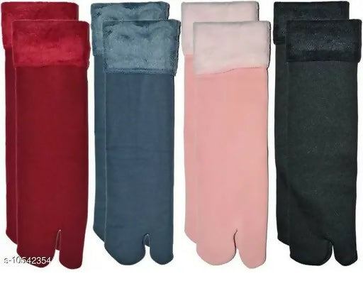 (4 Pairs)- Multicolor Soft & Cozy Solid Winter Thick Warm Fleece Lined Thermal Stretchy Elastic Velvet with Thumb Socks for Girls