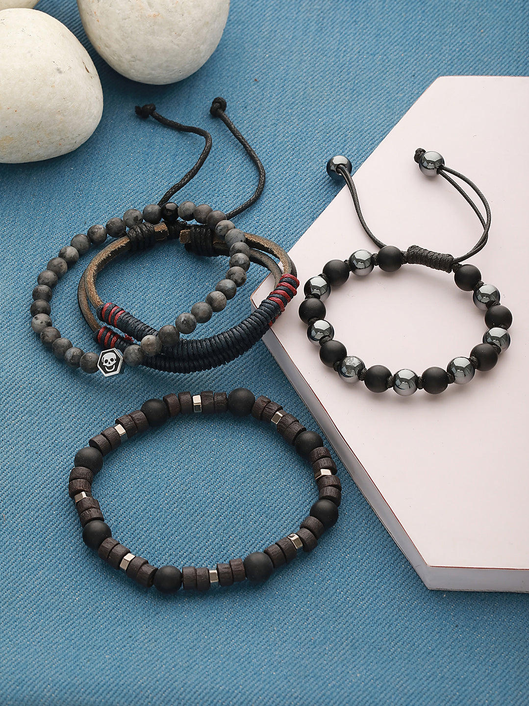 Men Pack Of 4 Blue & Black-Coloured Leather & Beads Wraparound Bracelet