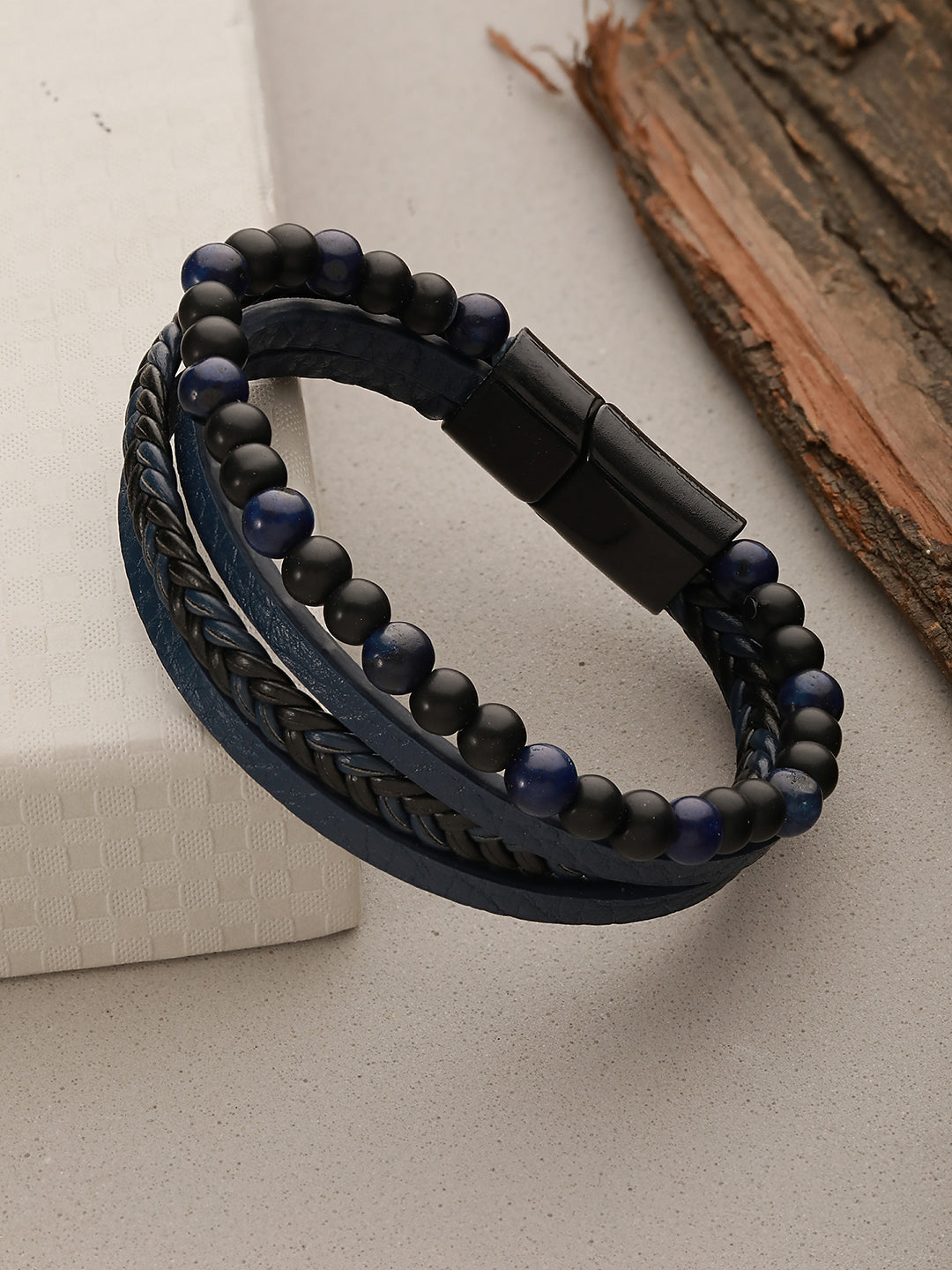 Men Blue & Black Leather Wraparound Bracelet
