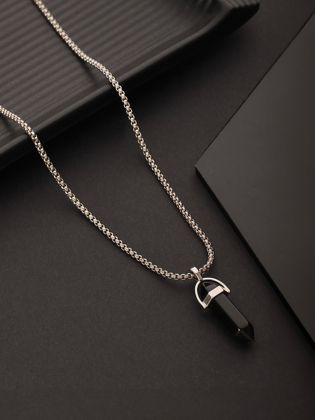 Mens Silver-Toned & Black Silver-Plated Necklace and  Inlay Stainless Steel Pendant Necklace